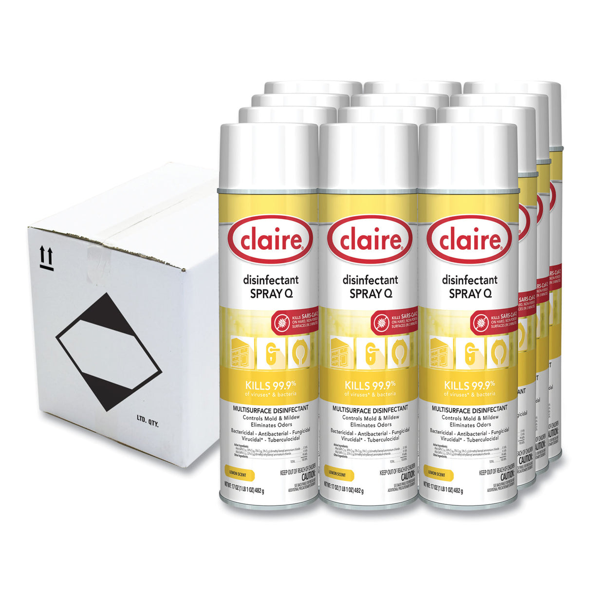 Claire Spray Q Disinfectant, Lemon Scent, 17 oz Aerosol Spray, Dozen (1002)