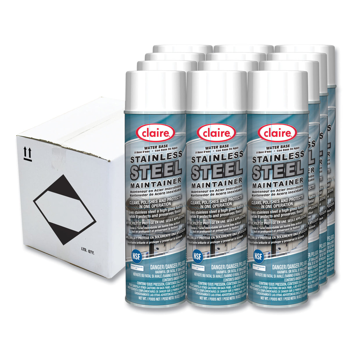 Claire Stainless Steel Maintainer, Lemon Scent, 16 oz Aerosol Spray, Dozen (844)