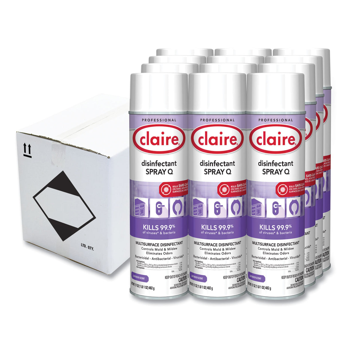 Claire Spray Q Disinfectant. Lavender Scent, 17 oz Aerosol Spray, Dozen (1003)