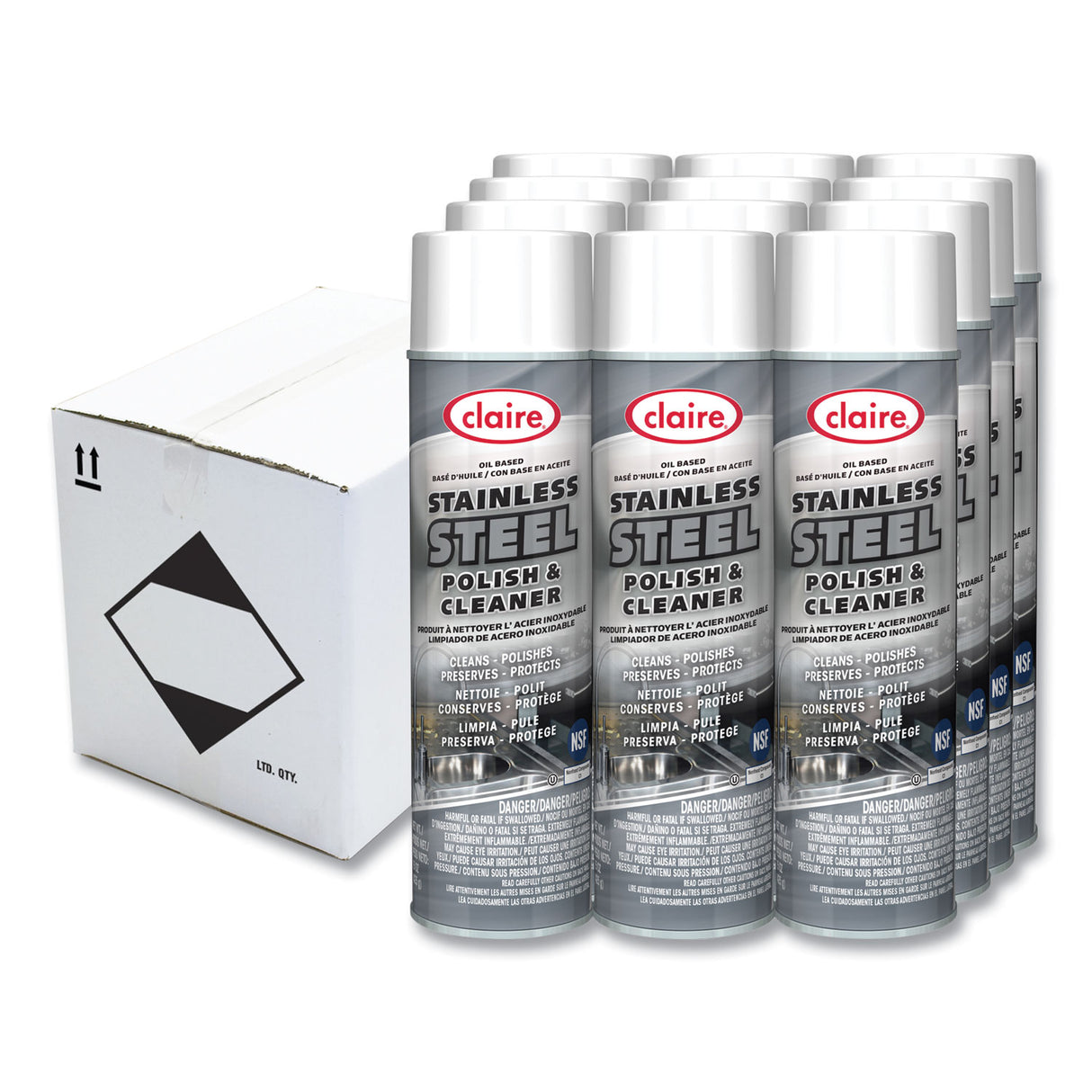 Claire Stainless Steel Polish and Cleaner, Lemon Scent, 15 oz Aerosol Spray, Dozen (841)