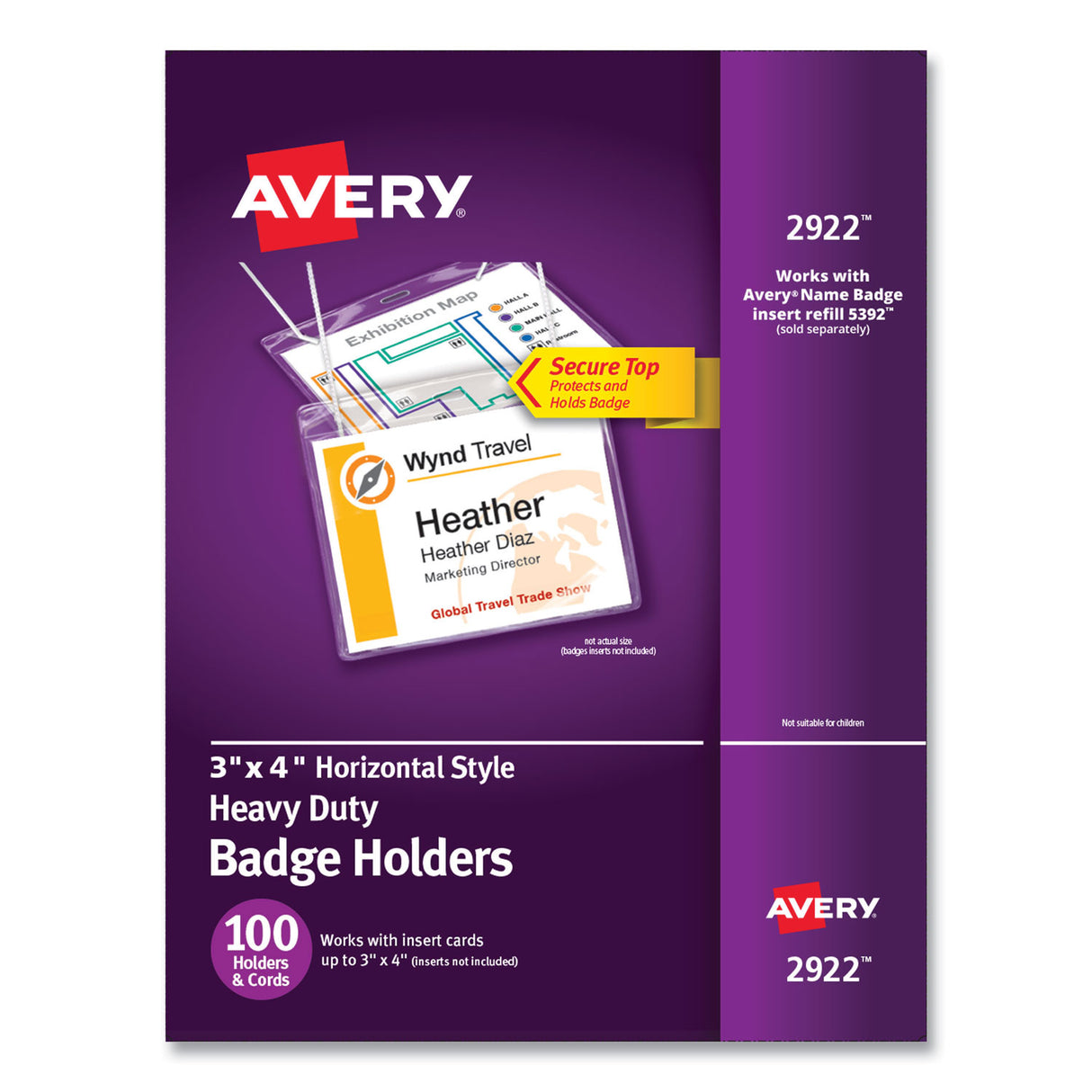 Avery Secure Top Hanging-Style Badge Holders, Horizontal, 4w x 3h, Clear, 100/Box (2922)