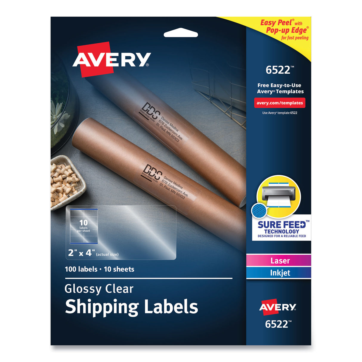 Avery Glossy Clear Easy Peel Mailing Labels w/ Sure Feed Technology, Inkjet/Laser Printers, 2 x 4, Clear, 10/Sheet, 10 Sheets/Pack (6522)