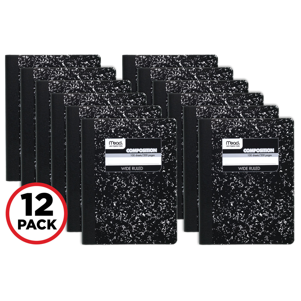 Mead Square Deal Composition Book, 3-Subject, Wide/Legal Rule, Black Cover, (100) 9.75 x 7.5 Sheets, 12/Pack (72936)