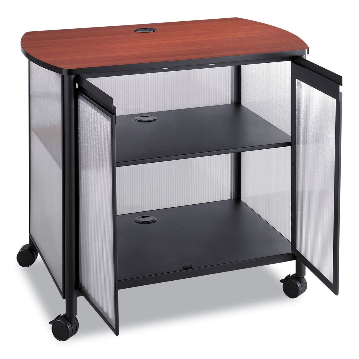 Safco Impromptu Deluxe Machine Stand with Doors, Wood, 3 Shelf, 34.75 x 25.5 x 30.75, Cherry/White/Black (1859BL)