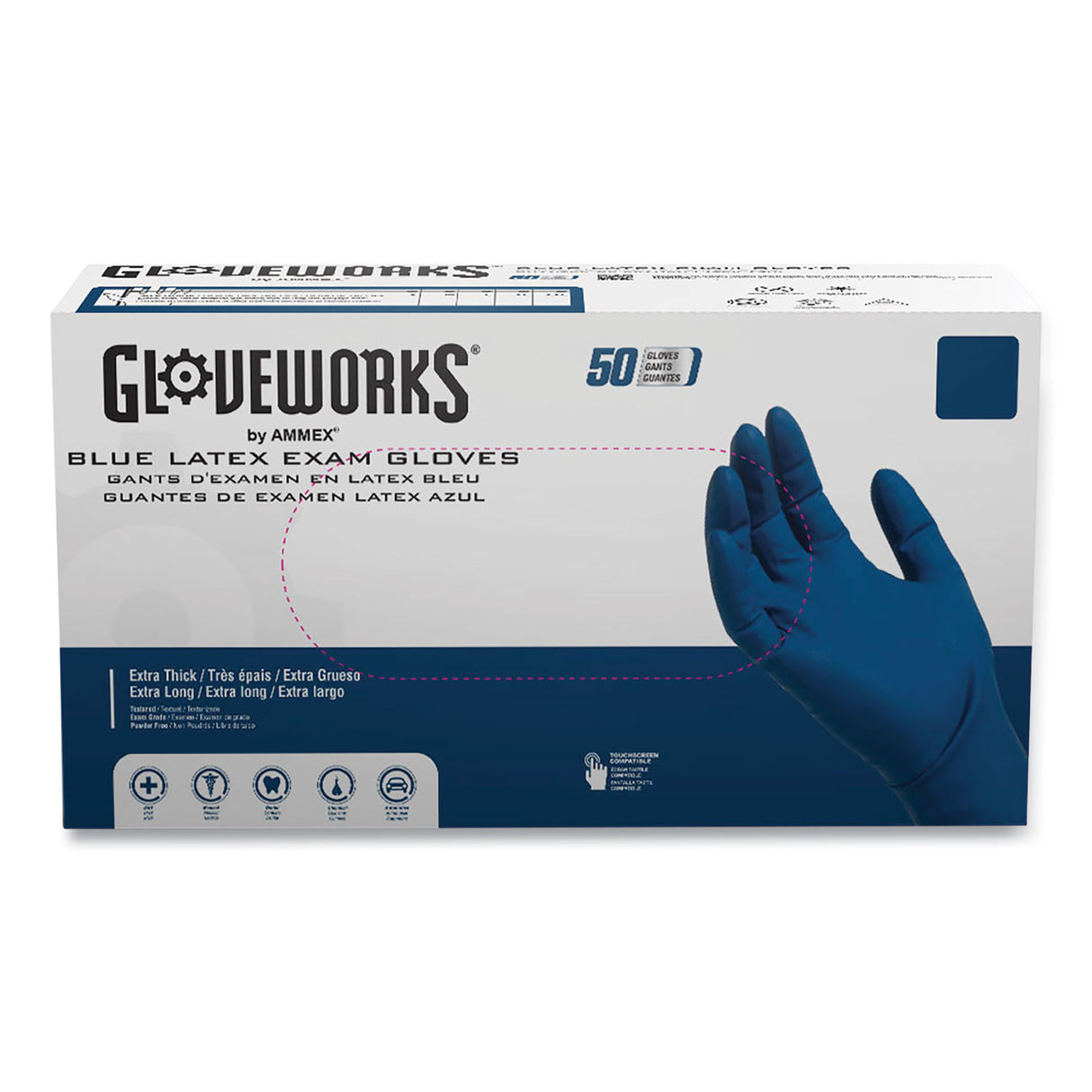 GloveWorks by AMMEX Blue Latex Exam Gloves, Powder-Free, Large, 50 Gloves/Box, 10 Boxes/Carton (GPLHD86100)