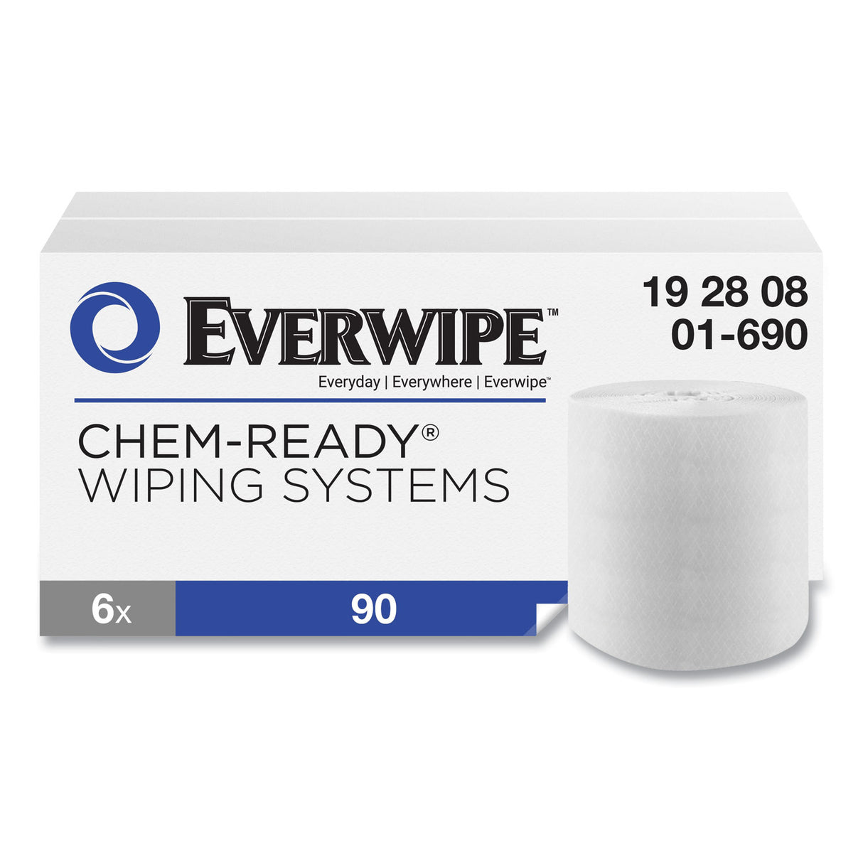 EverwipeÂ® Chem-Ready Dry Wipes, 1-Ply, White, 90 Wipes, 6 Rolls (192808)