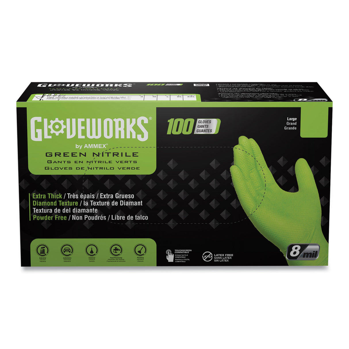 GloveWorks by AMMEX Heavy-Duty Industrial Nitrile Gloves, Powder-Free, 8 mil, X-Large, Green, 100 Gloves/Box, 10 Boxes/Carton (GWGN48100)