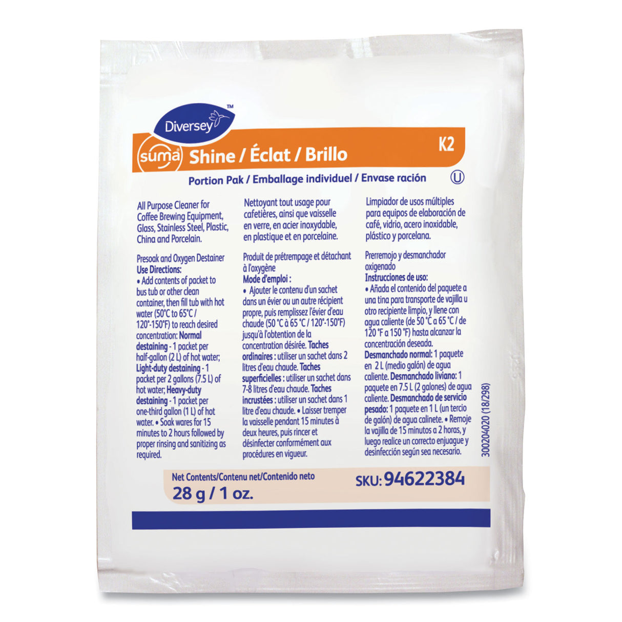 Diversey Suma Shine Portion Pak, Powder, 100 per carton (94622384)