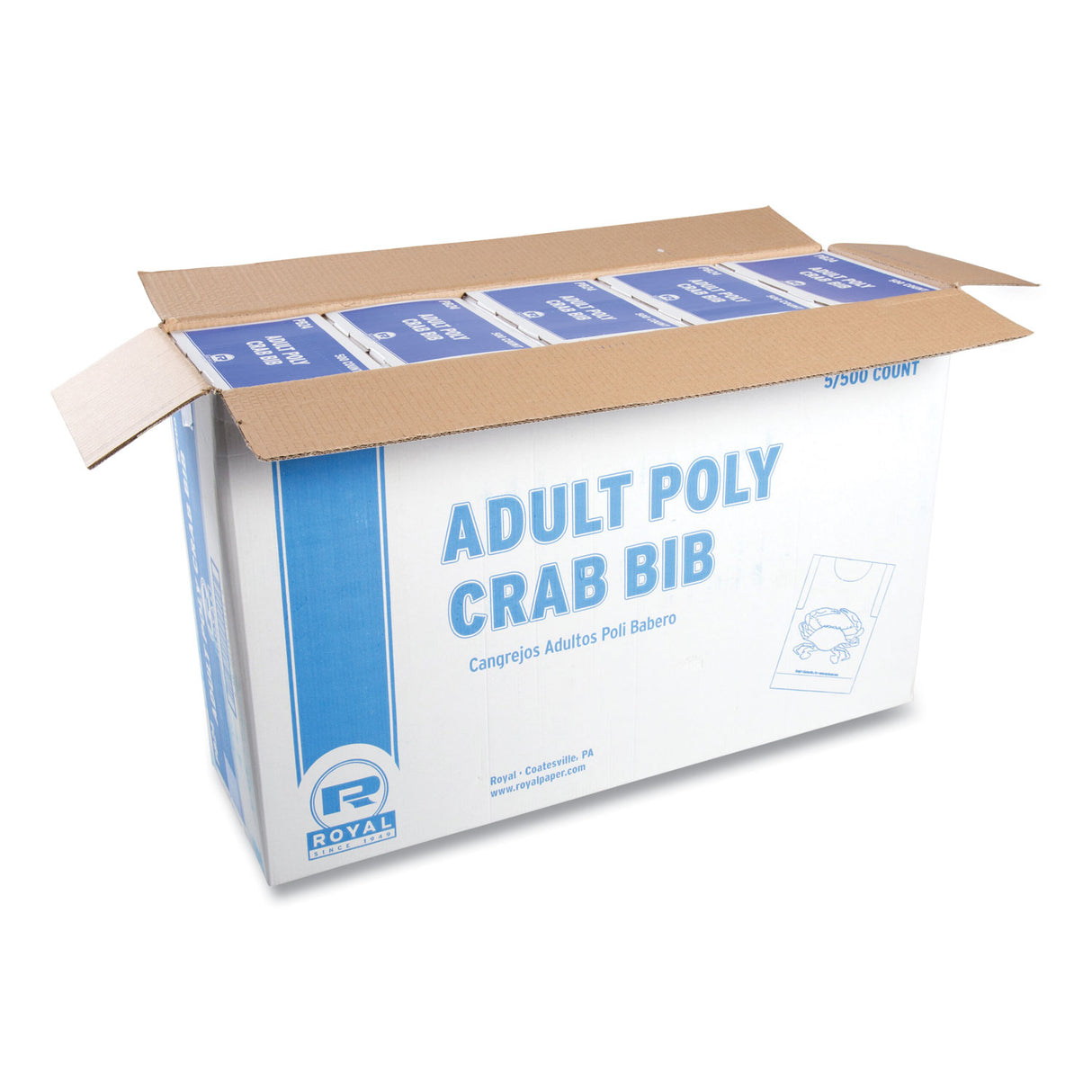 AmerCareRoyal Heavyweight Poly Aprons, Crab Design, One Size Fits All, White/Red, 500/Box, 5 Boxes/Carton (PB24)