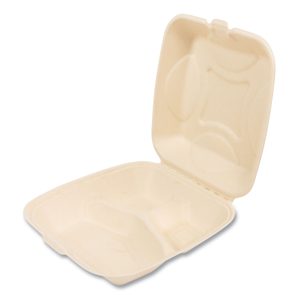 BoardwalkÂ® Bagasse Food Containers, 3-Comp, 9 x 9, White, 200/CT (BWKHNGE3C9NPFA)