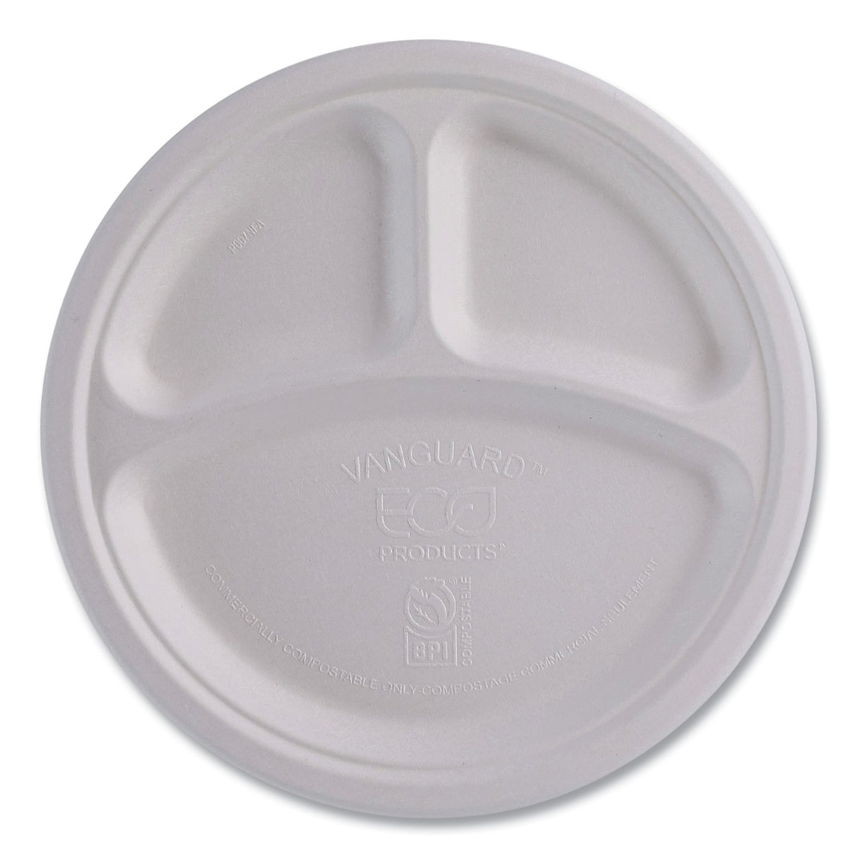 Eco-Products Vanguard Renewable and Compostable Sugarcane Plates, 3-Compartment Plate, 10" dia, White, 500/Carton (EPP007NFA)