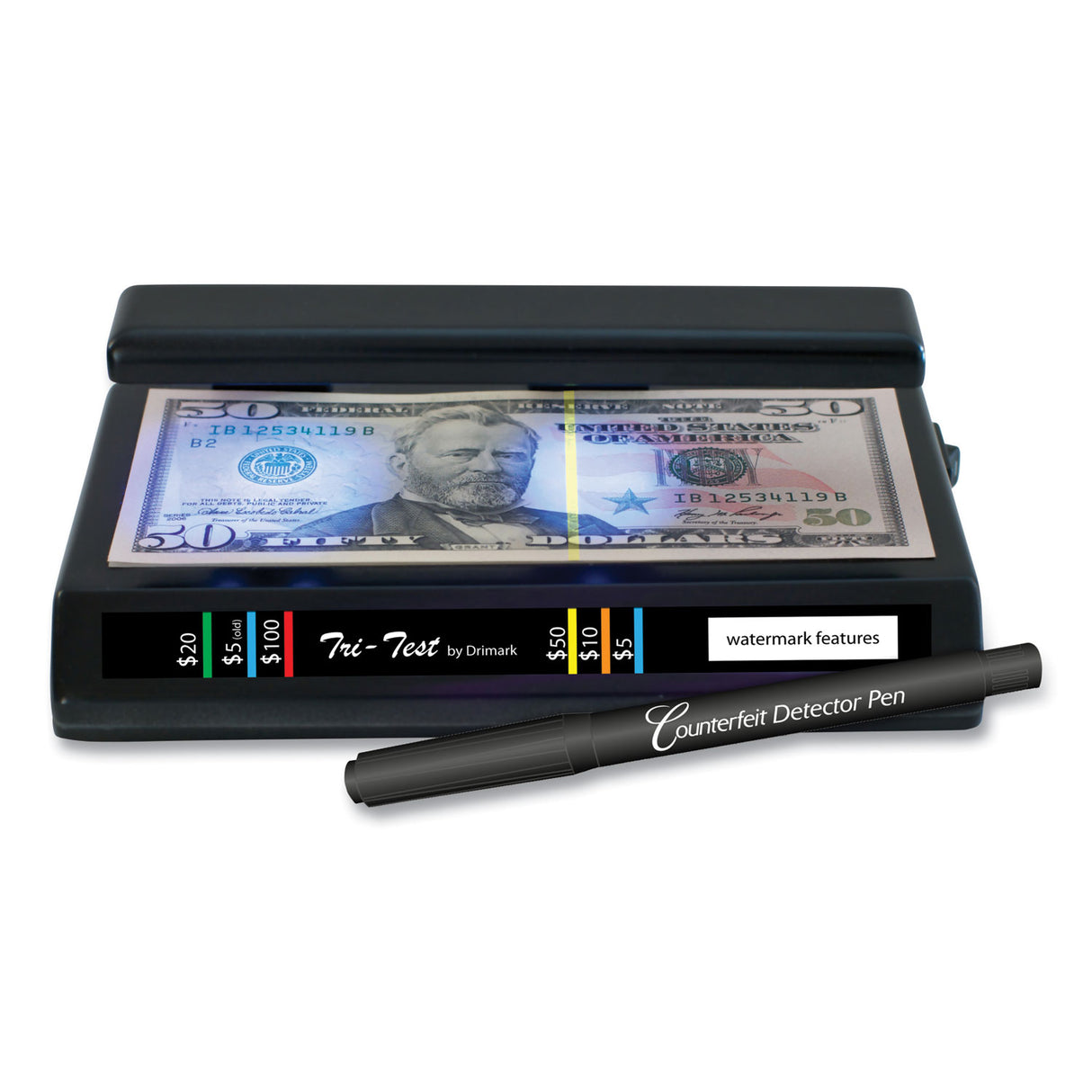 Dri Mark Tri Test Counterfeit Bill Detector with Pen, U.S.; Canadian; Mexican; EU; UK; Chinese Currencies, 7 x 4 x 2.5, Black (351TRI)