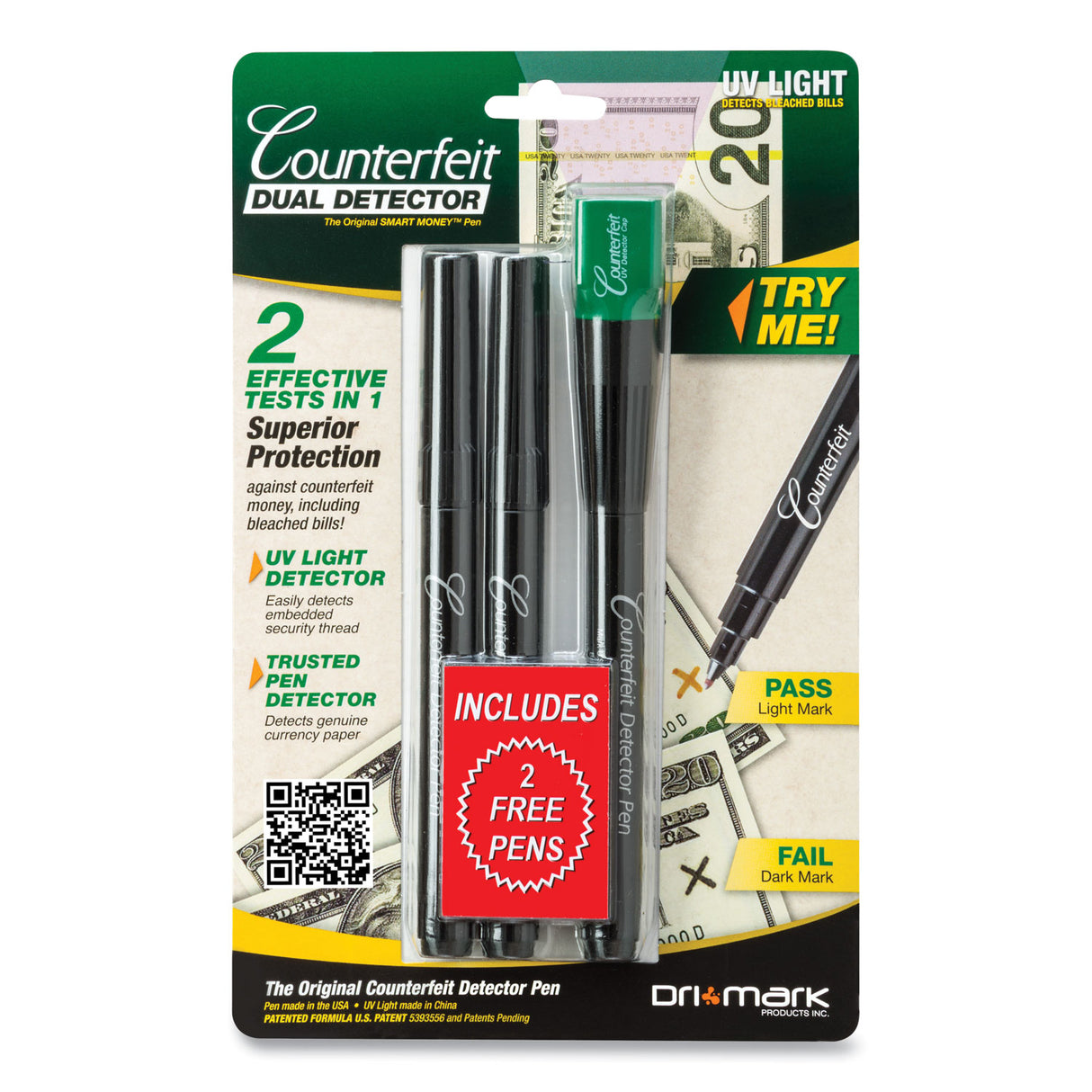 Dri Mark Smart Money Counterfeit Detector Pen with Reusable UV LED Light, U.S.; Most Foreign Currencies, Black (351UVB)