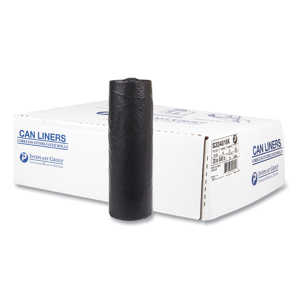 Inteplast Group High-Density Commercial Can Liners, 33 gal, 16 mic, 33" x 40", Black, Interleaved Roll, 25 Bags/Roll, 10 Rolls/Carton (S334016K)