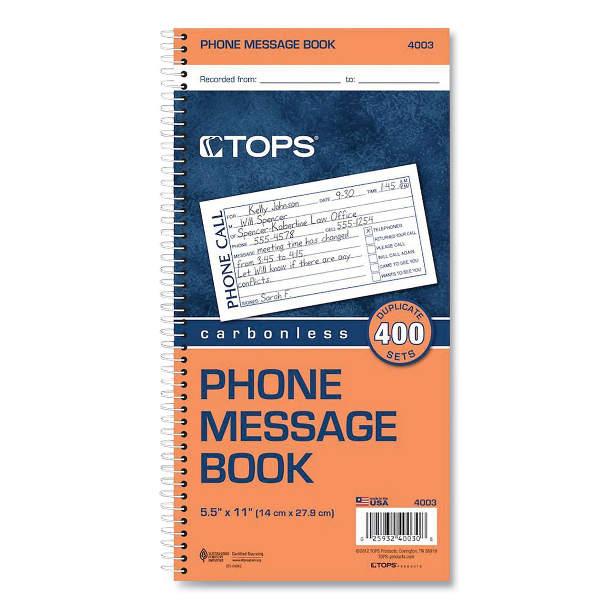 TOPS Spiralbound Message Book, Two-Part Carbonless, 5 x 2.75, 4 Forms/Sheet, 400 Forms Total (4003)