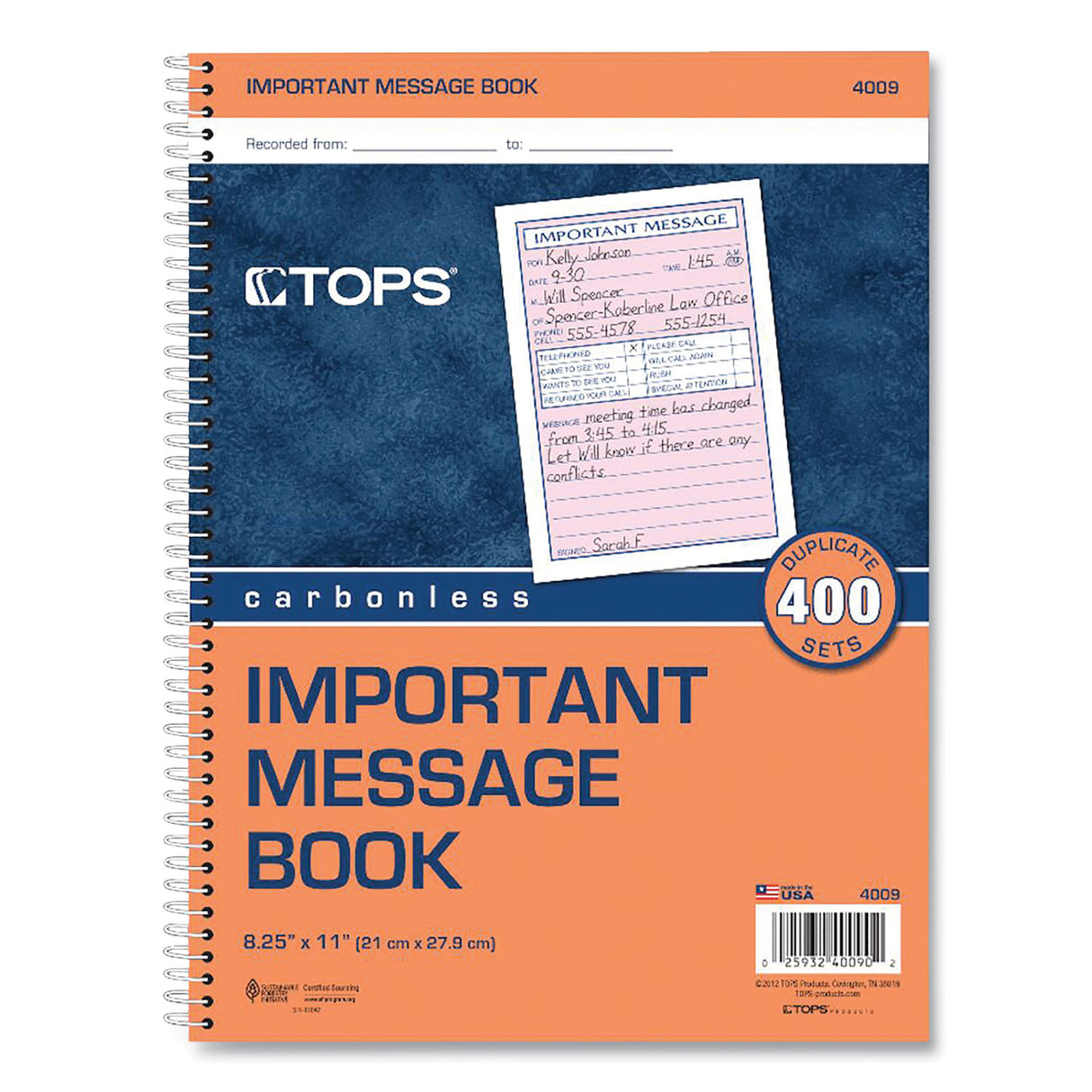 TOPS Telephone Message Book with Fax/Mobile Section, Two-Part Carbonless, 3.88 x 5.5, 4 Forms/Sheet, 400 Forms Total (4009)
