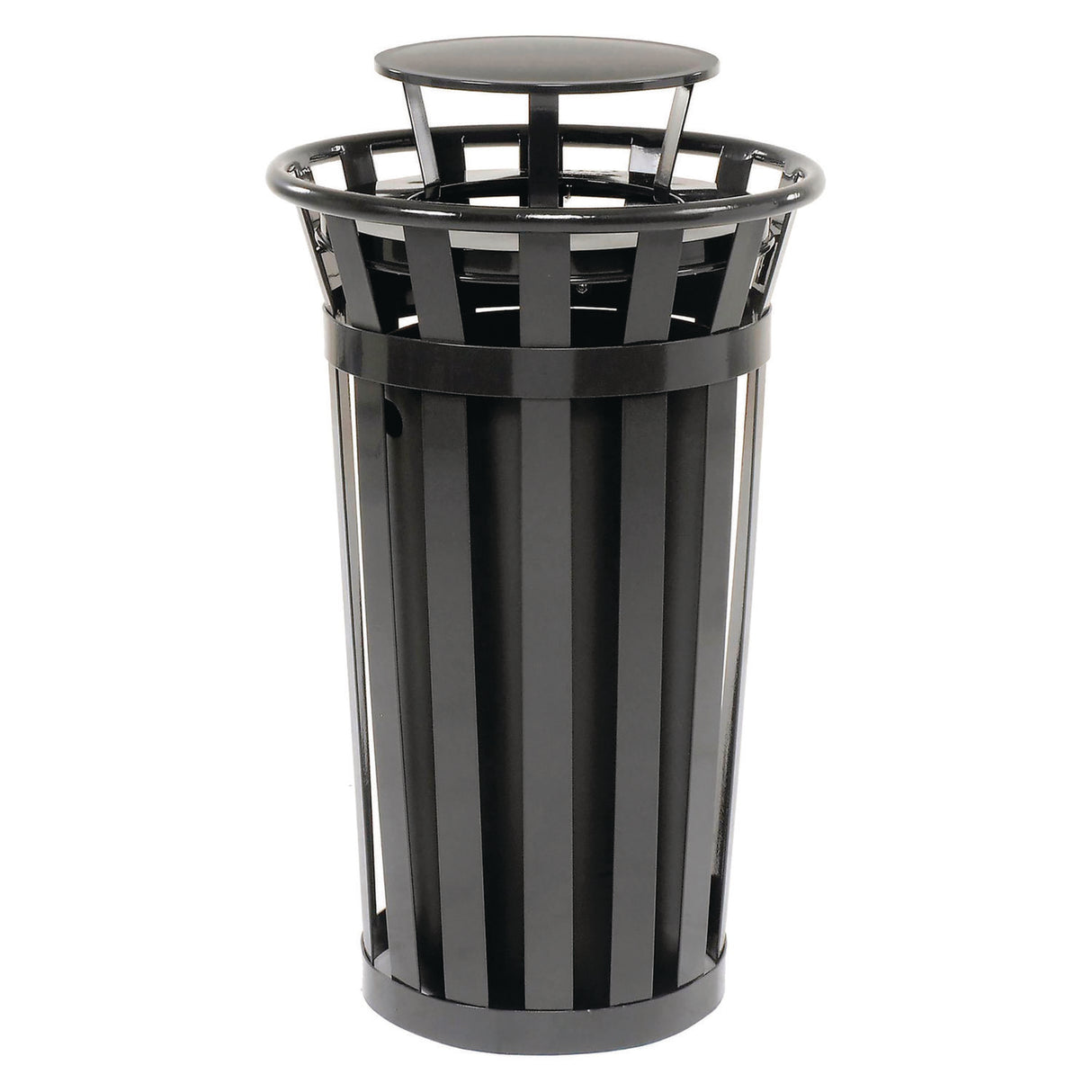 Global Industrial Outdoor Slatted Steel Trash Can, Rain Bonnet Lid, 24 gal, Black (260803BK)