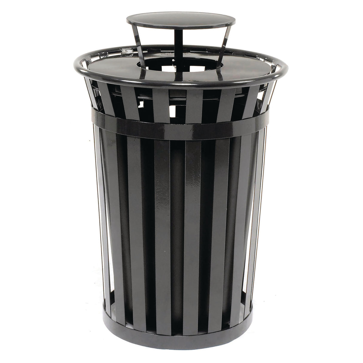 Global Industrial Outdoor Slatted Steel Trash Can, Rain Bonnet Lid, 36 gal, Black (260804BK)