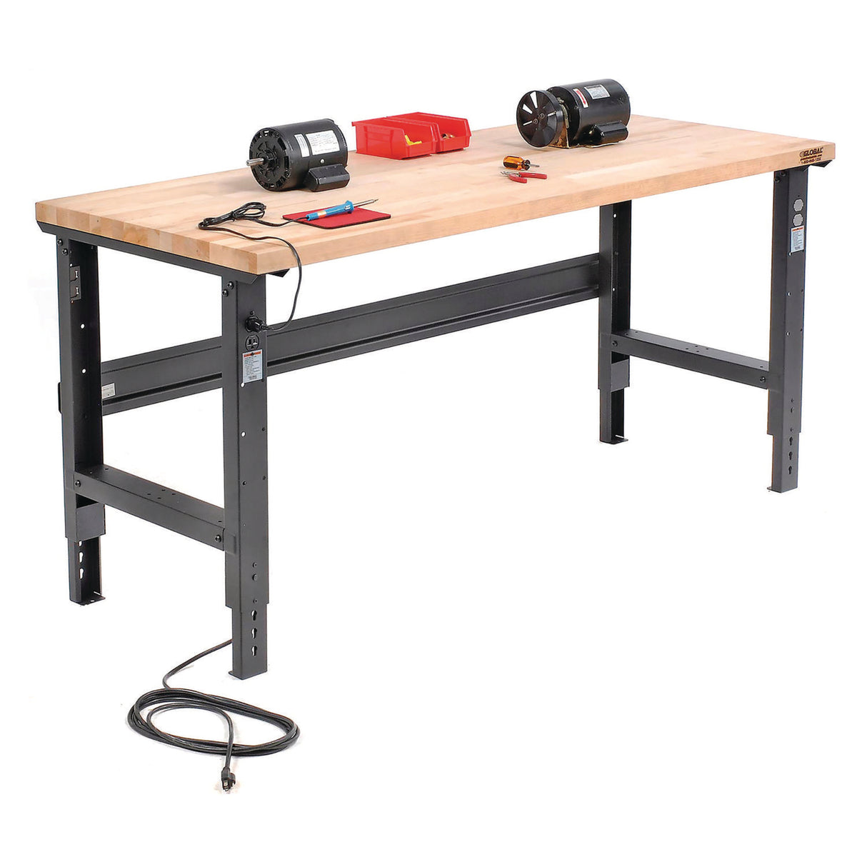 Global Industrial Standard Duty Butcher Block Top Adjustable Height Workbench, 2,000 lbs, 72 x 30 x 30.88 to 36.88, Maple/Black (183168BK)