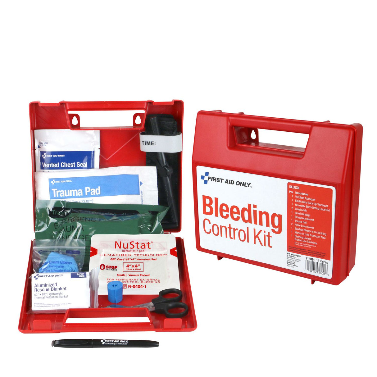 First Aid Only Bleeding Control Wall Station Single Kit - Deluxe, 14 Pieces, Plastic Case (91309)