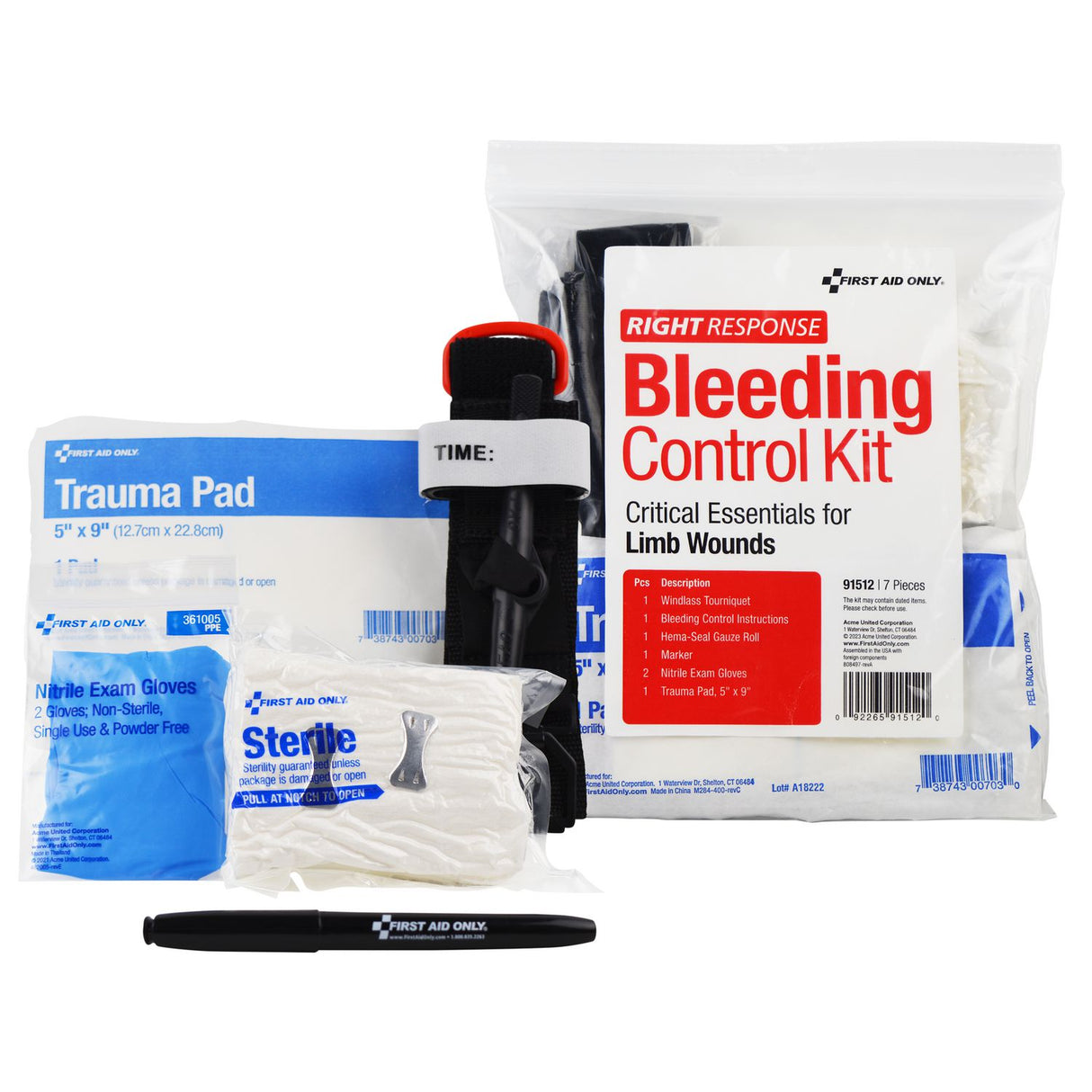 First Aid Only Critical Essentials Bleeding Control Kit for Limb Wounds, 8 Pieces, Plastic Bag (91512)