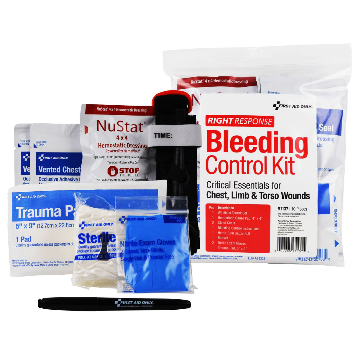 First Aid Only Critical Essentials Bleeding Control Kit for Limb, Chest and Torso Wounds, 11 Pieces, Plastic Bag (91137)