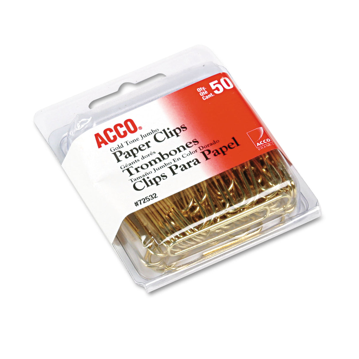 AccoÂ® Paper Clips, Wire, Jumbo, 1-3/4", Gold Tone, 50/Box (72532)