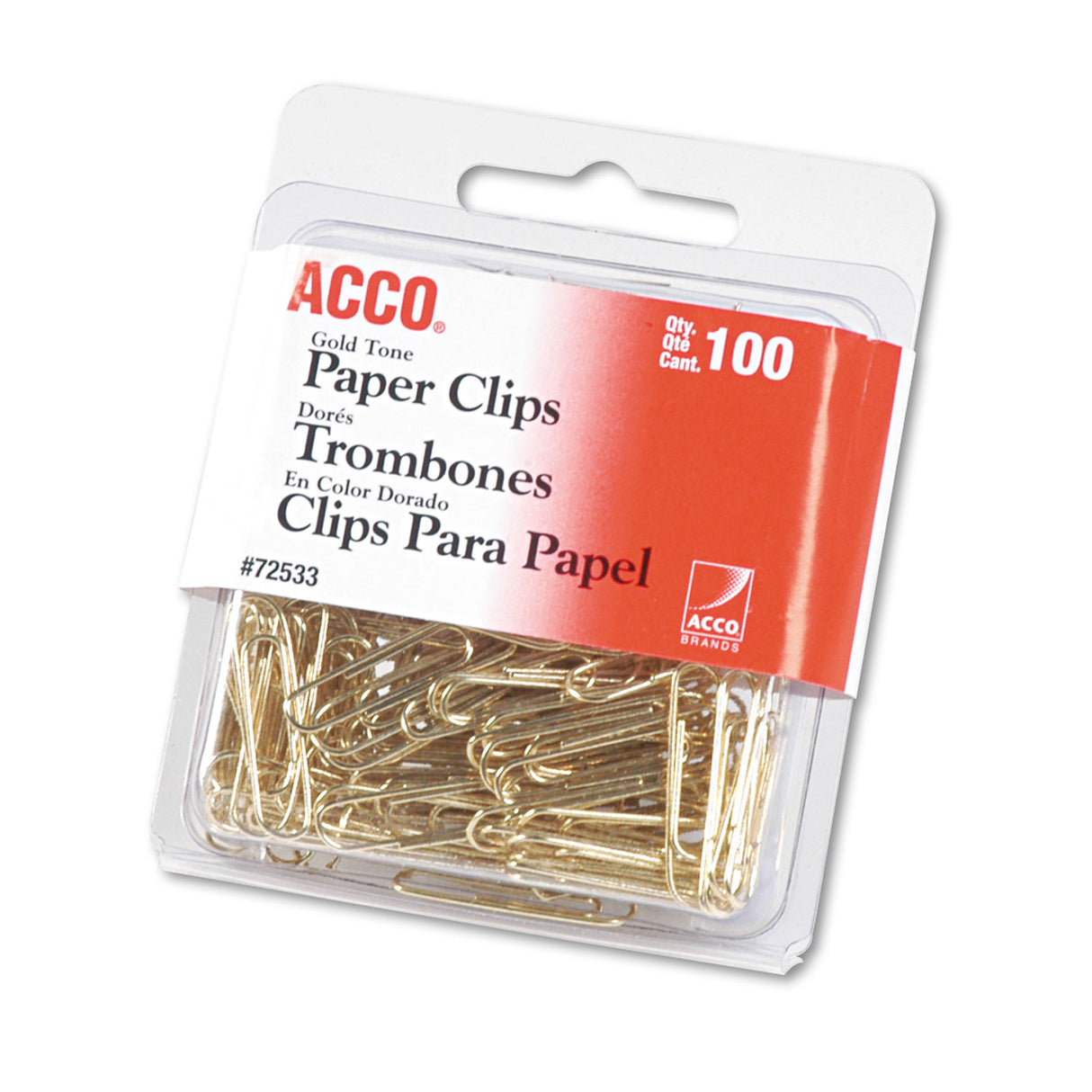 AccoÂ® Wire Paper Clips, No. 2, 1-1/8", Gold Tone, 100 Paper Clips (72533)