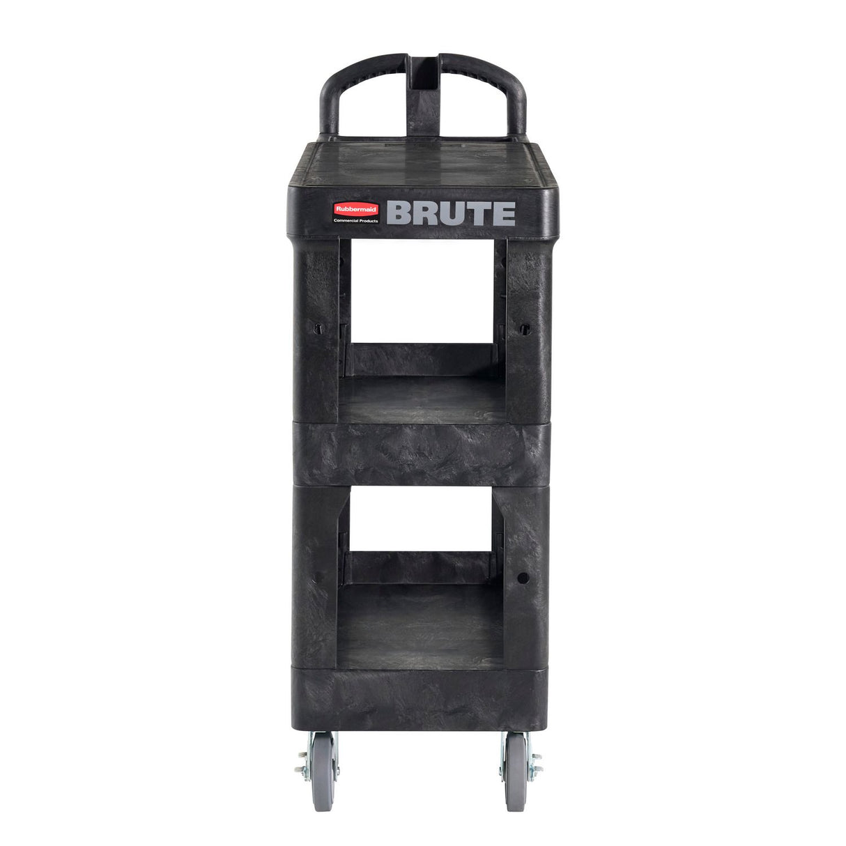 Rubbermaid Commercial BRUTE 3-Shelf Heavy-Duty Ergo Flat Utility Cart, Resin, 3 Shelves, 600 lb Capacity, 25.24" x 48.63" x 46.18", Black (2203280)