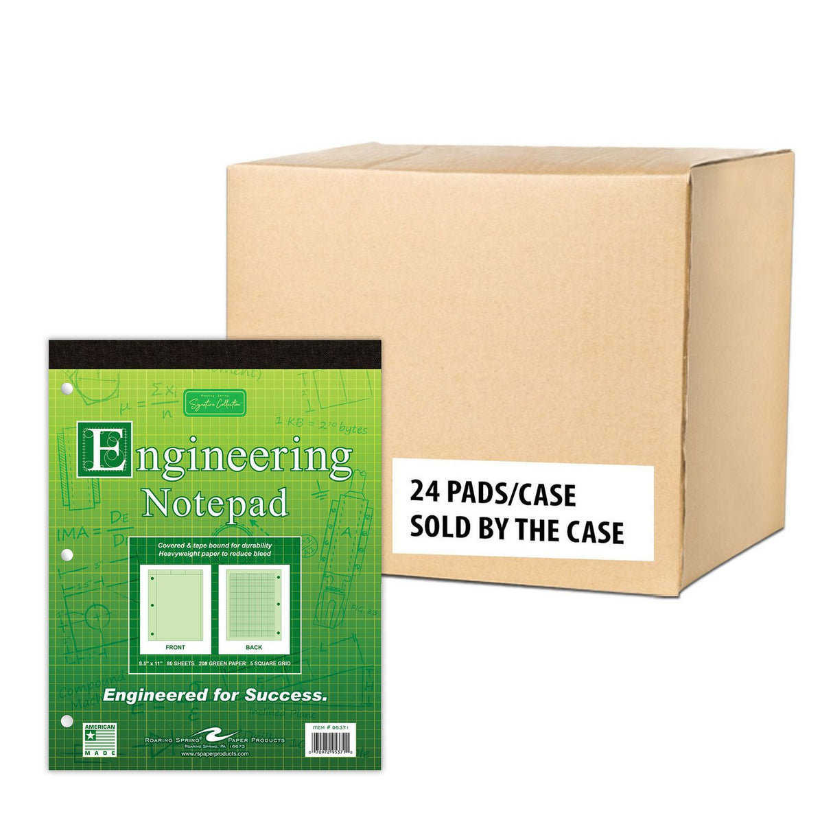 Roaring Spring Covered Engineering Pad, 5 sq/in Quadrille Rule, 80 Green 8.5 x 11 Sheets, 24/Carton (95371CS)