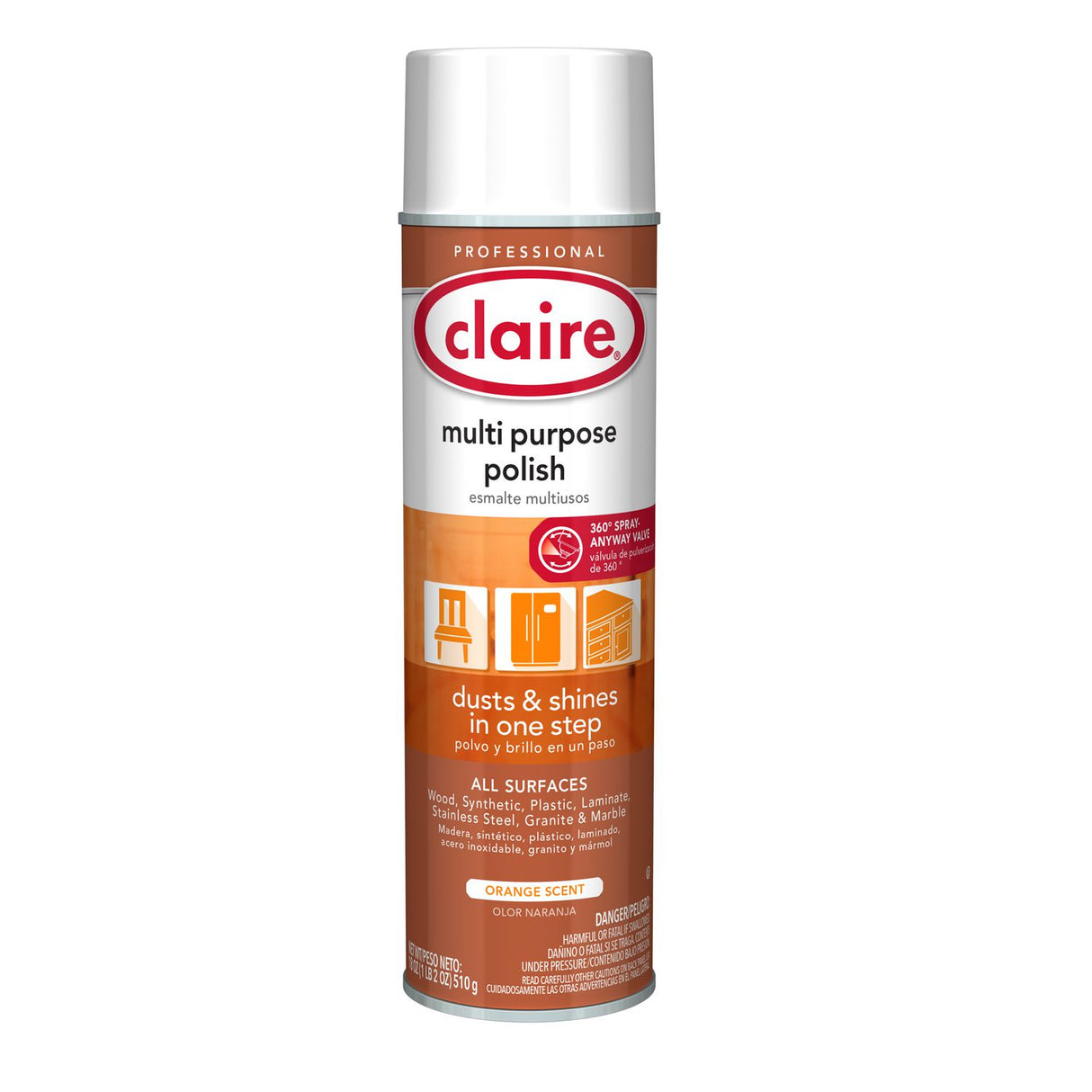 Claire Multi Purpose Polish, Citrus Scent, 18 oz Aerosol Spray, 12/Carton (814)