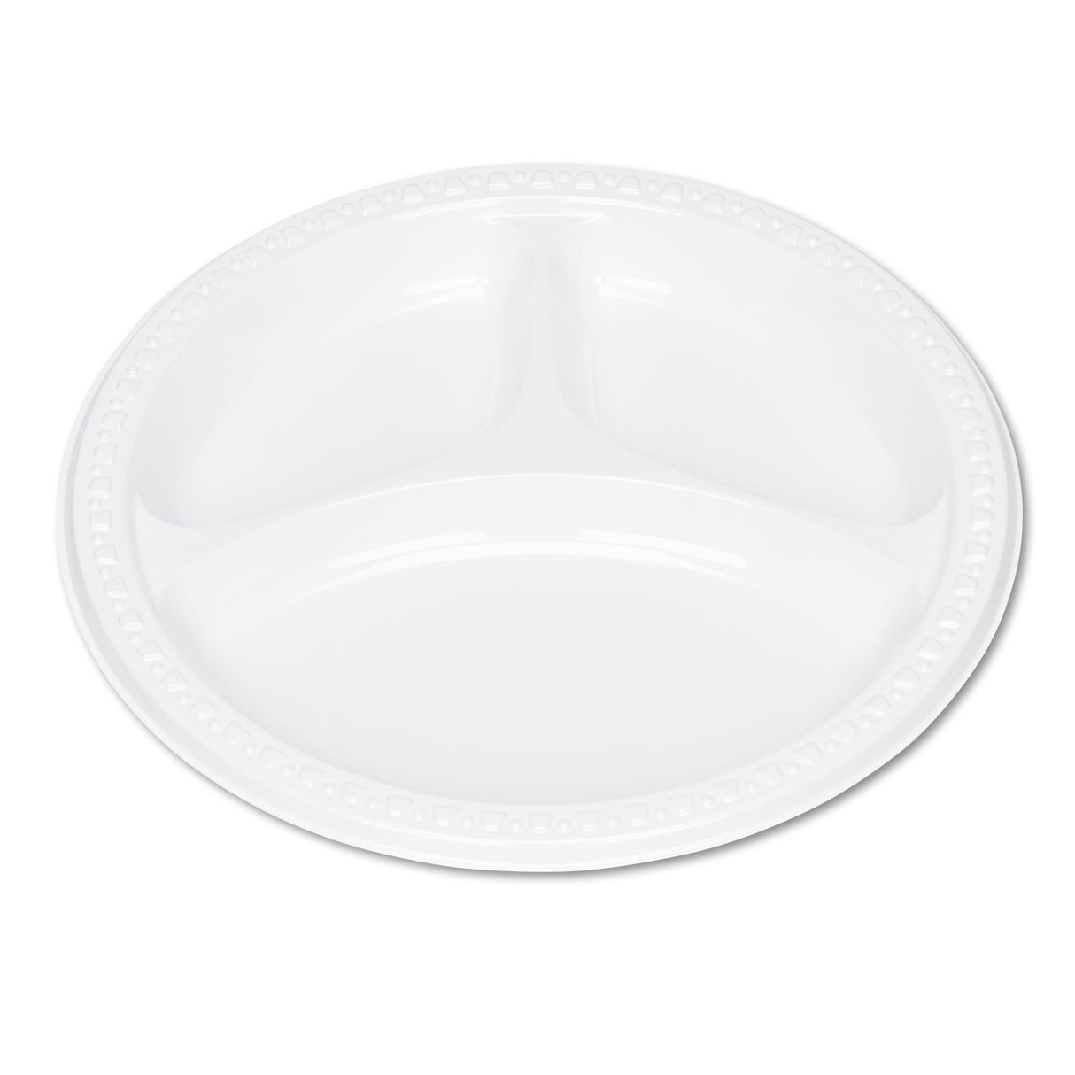Tablemate Plastic Dinnerware, 3-Compartment Plates, 9" dia, White, 125/Pack (19644WH)
