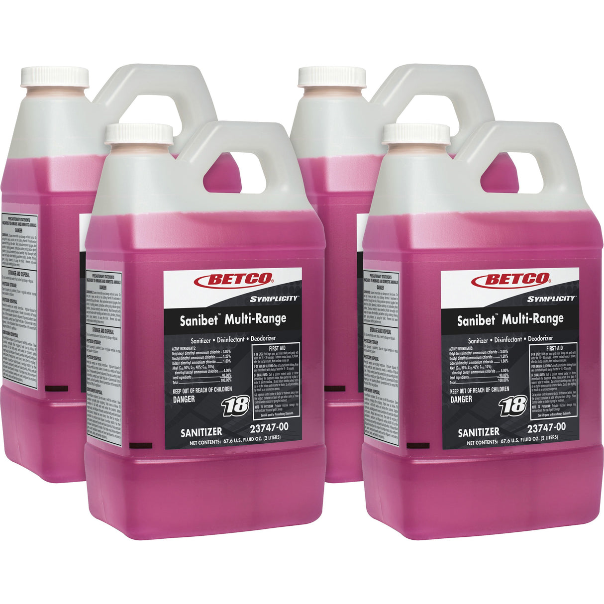 Betco Symplicity Sanibet Multi-Range Sanitizer Disinfectant Deodorizer, 2 L Bottle, 4/Carton (2374700)