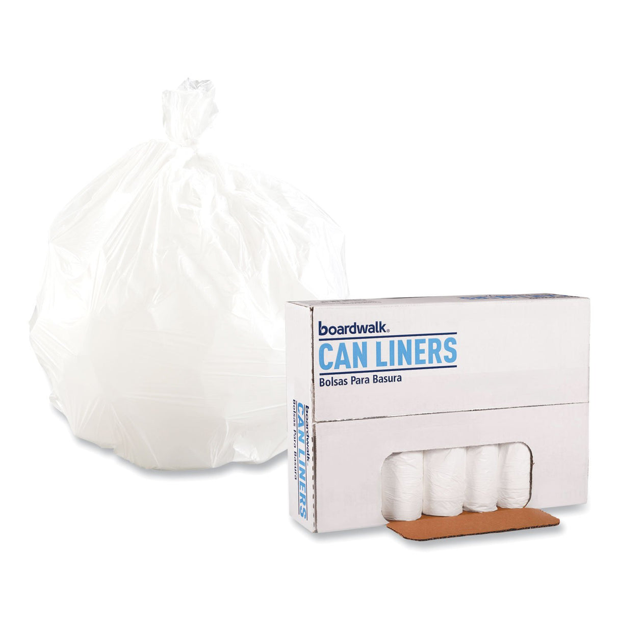 Boardwalk Low-Density Waste Can Liners, 16 gal, 0.4 mil, 24" x 32", White, Perforated Roll, 25 Bags/Roll, 20 Rolls/Carton (BWK2432EXH)