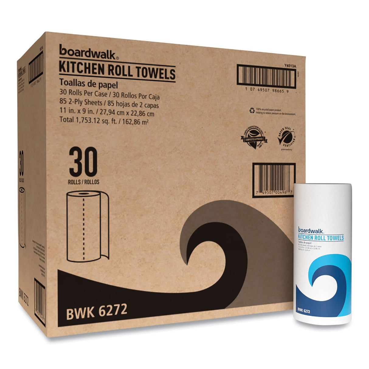 BoardwalkÂ® Kitchen Paper Towels, 2-Ply, 85 Sheet Roll, 30 Rolls (BWK6272)