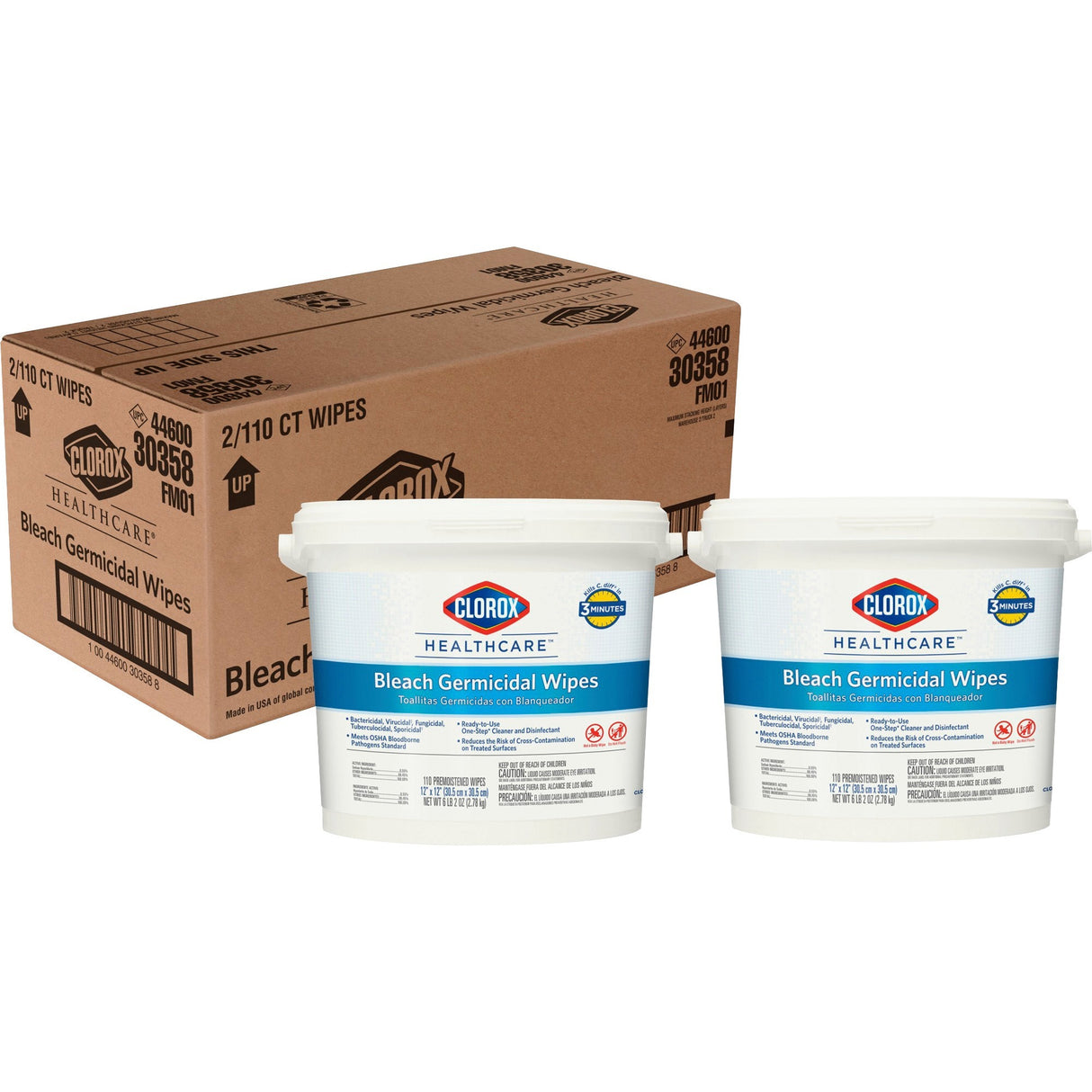 Clorox Healthcare Bleach Germicidal Wipes, 1-Ply, 12 x 12, Unscented, White, 110/Canister, 2 Canisters/Carton (30358CT)