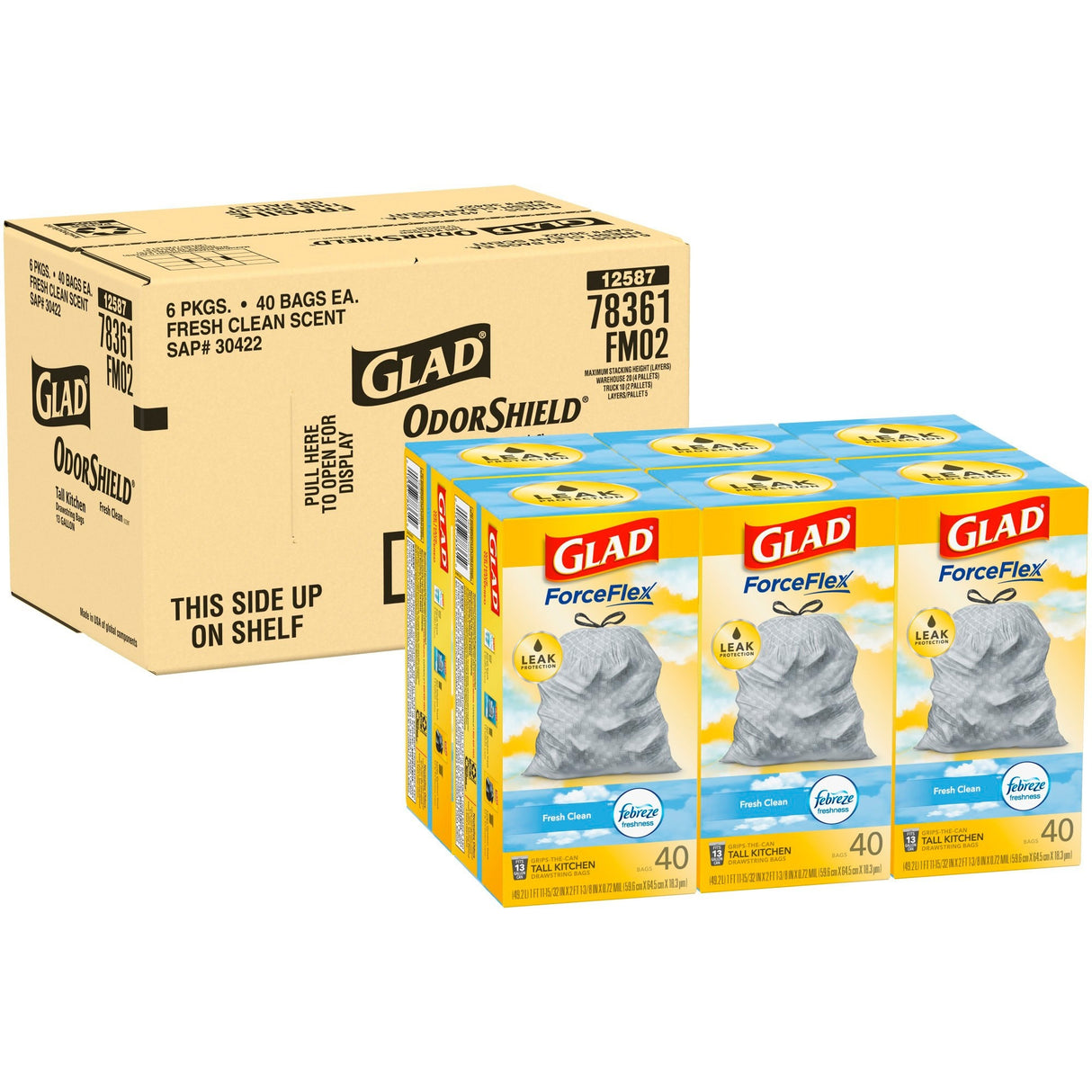 Glad ForceFlex Kitchen Drawstring Trash Bags, 13 gal, Fresh Clean Scent, 24" x 27.38", White, 40 Bags/Box, 6 Boxes/Carton (78361)