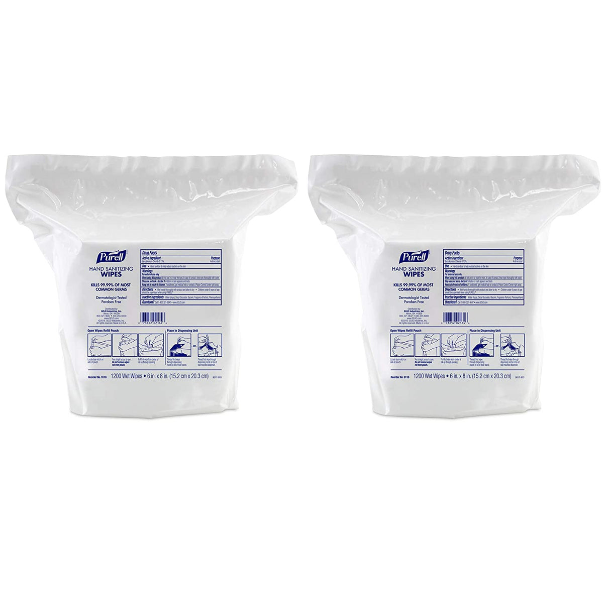 PURELL Hand Sanitizing Wipes, 6 x 8, Fresh Citrus Scent, White, 1,200/Refill Pouch, 2 Refills/Carton (911802)