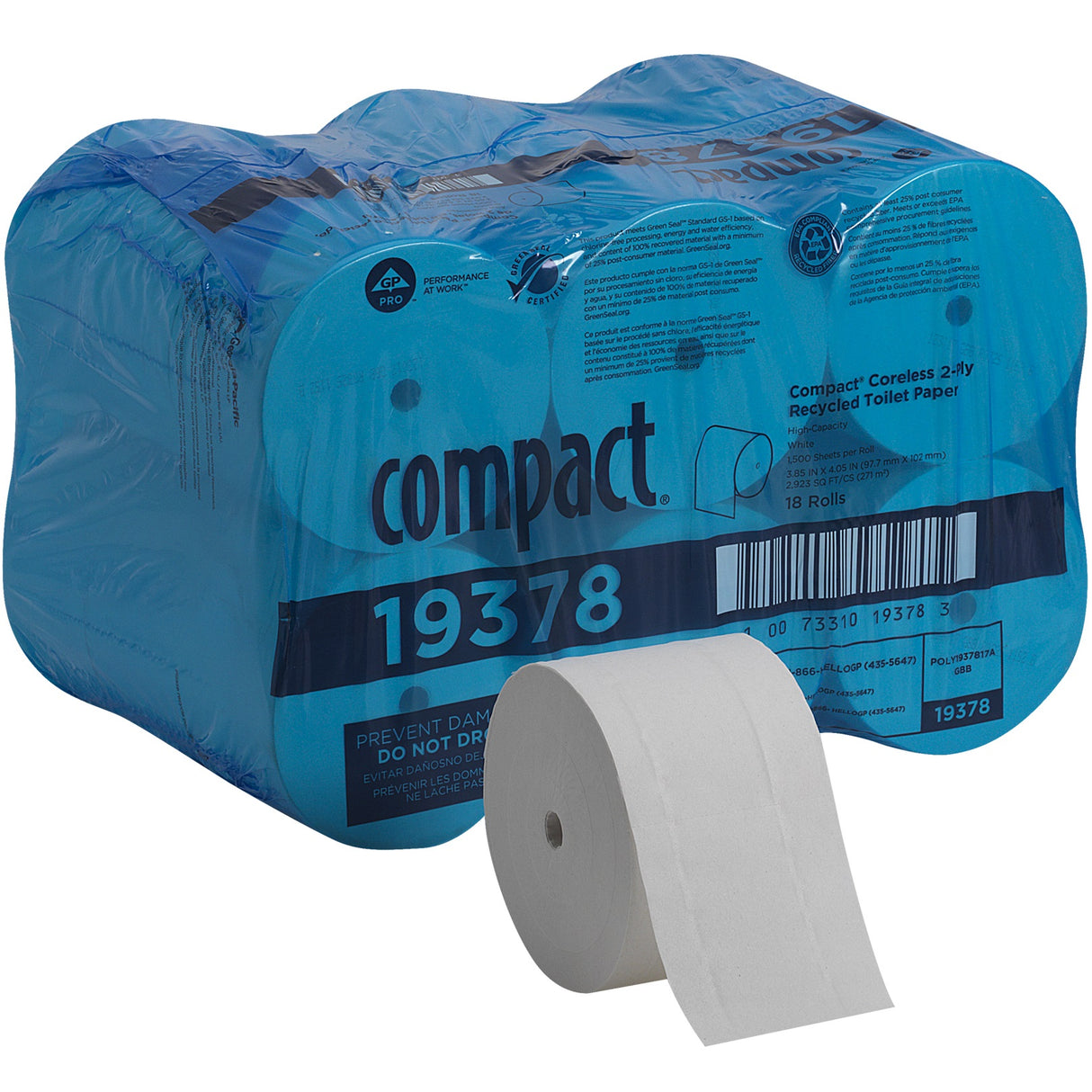 CompactÂ® Coreless Toilet Paper, 2-Ply, 1500 Sheets, 18 Rolls (19378)