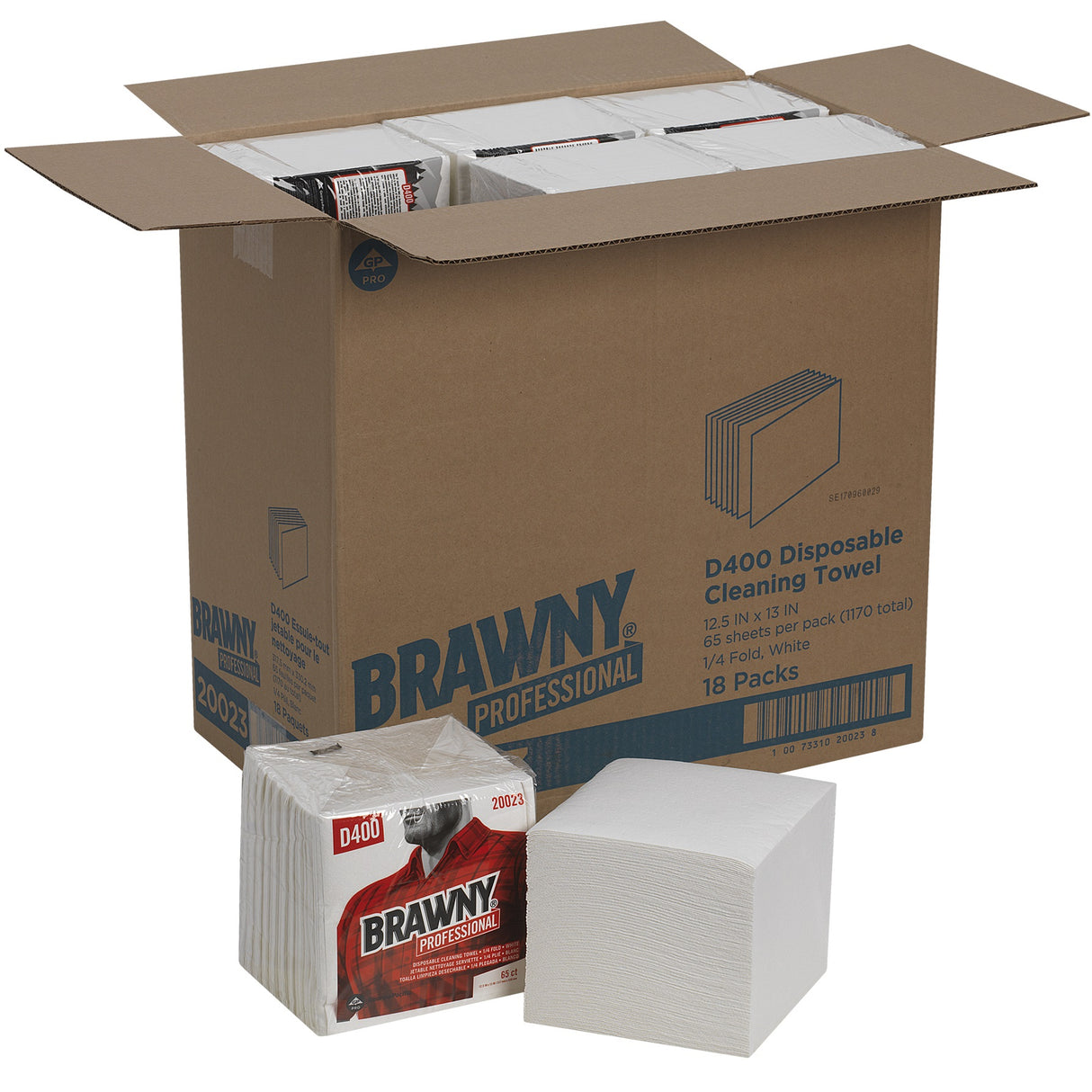 Brawny Medium Duty Premium DRC 1/4 Fold Wipers, 1-Ply, 13 x 12.5, Unscented, White, 65/Pack (20023)