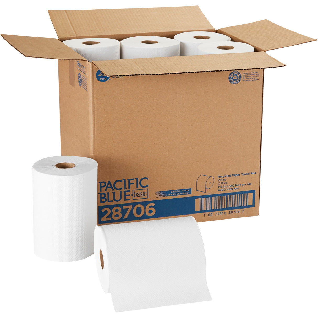Georgia Pacific Professional Pacific Blue Basic Nonperforated Paper Towels, 1-Ply, 7.88" x 350 ft, White, 12 Rolls/Carton (28706)