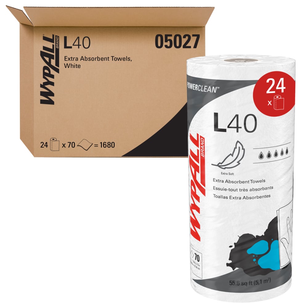 WypAll L40 Towels, Small Roll, 10.4 x 11, White, 70/Roll, 24 Rolls/Carton (05027)