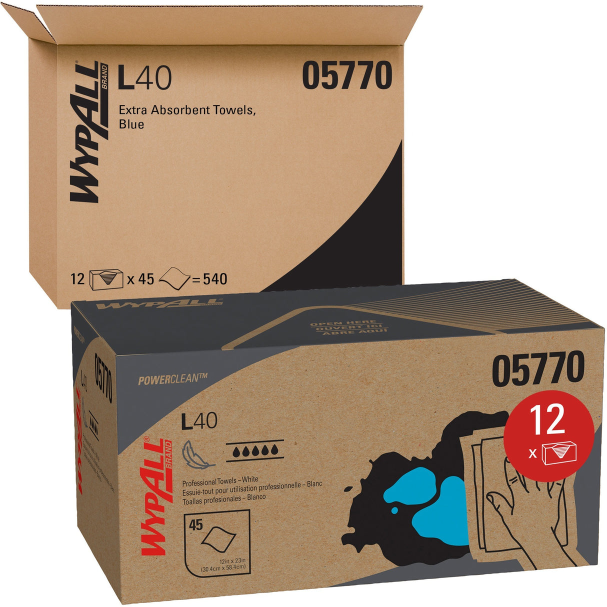 WypAll L40 Towels, Pro Towels, 12 x 23, White, 45/Box, 12 Boxes/Carton (05770)