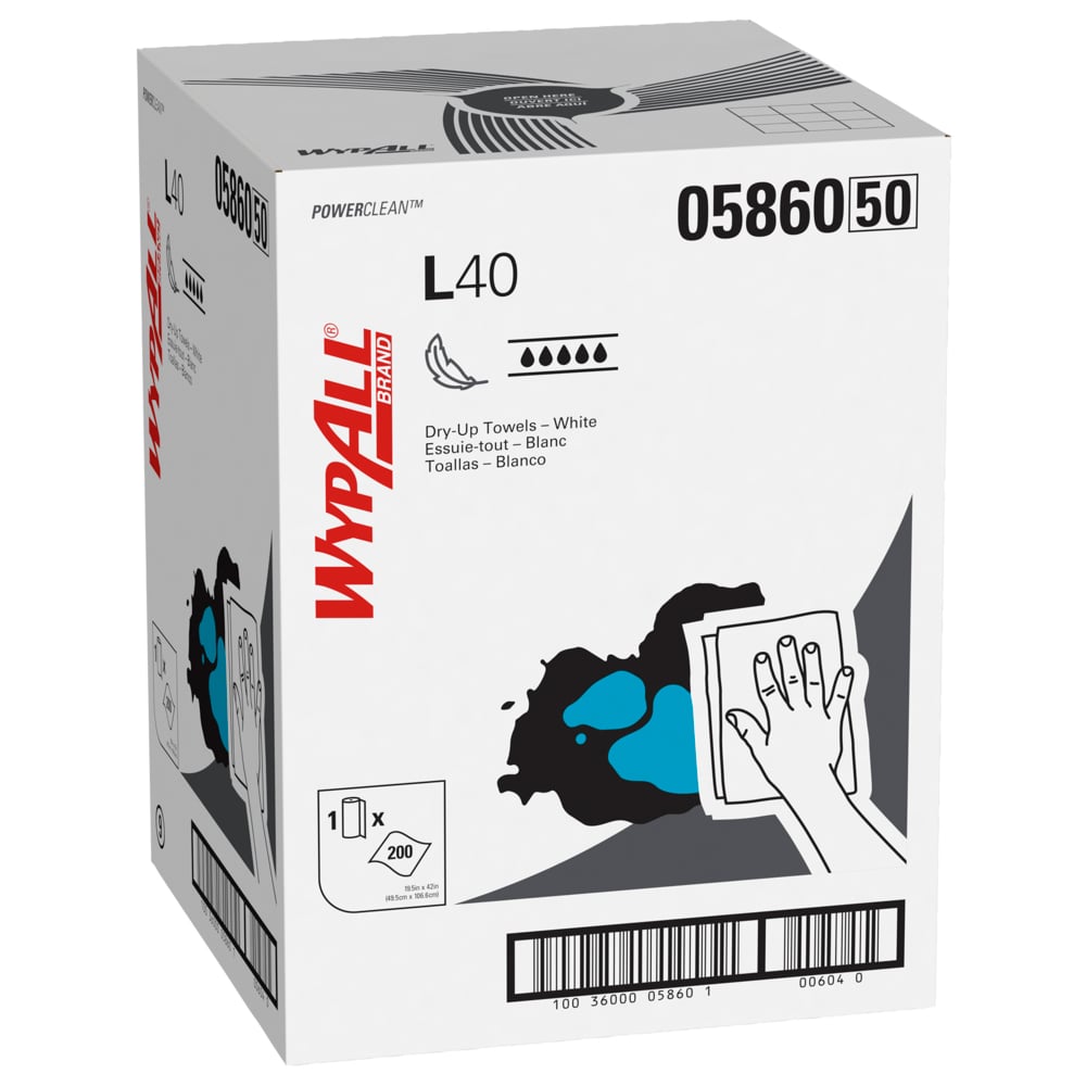 WypAll L40 Towels, Dry Up Towels, 19.5 x 42, White, 200 Towels/Roll (05860)
