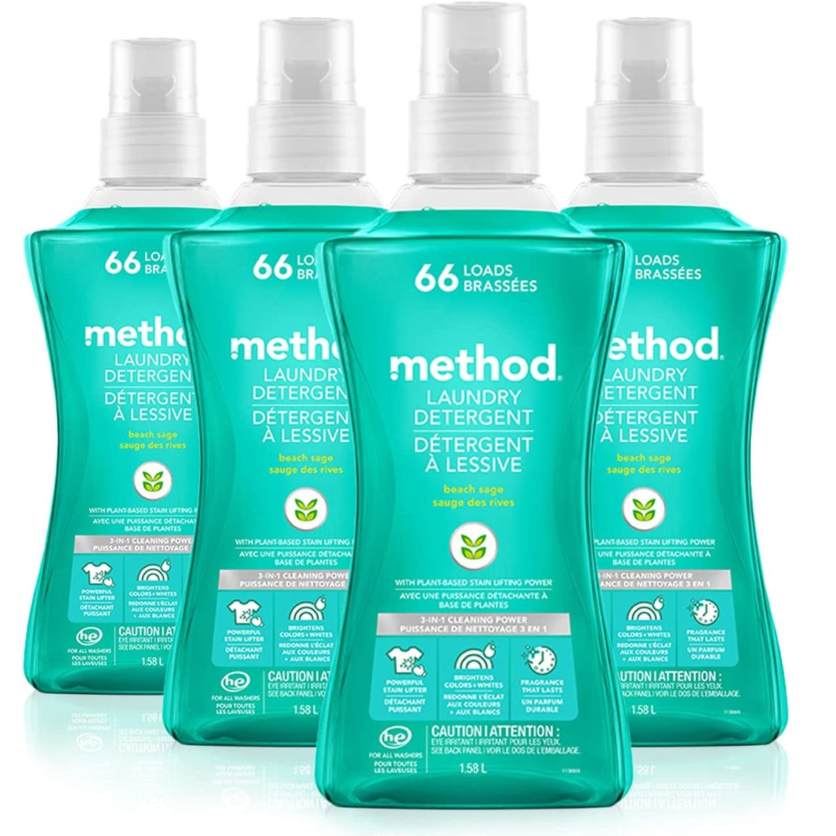 Method 4X Concentrated Laundry Detergent, Beach Sage, 53.5 oz Bottle, 4/Carton (01489)