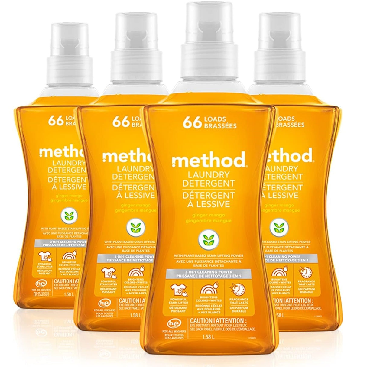 Method 4X Concentrated Laundry Detergent, Ginger Mango, 53.5 oz Bottle, 4/Carton (01490)