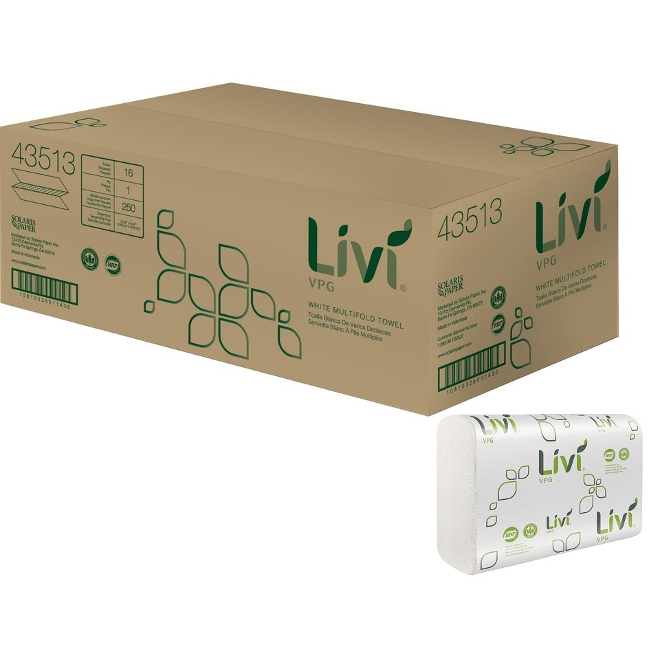 Livi VPG Multifold Towel, 1-Ply, 9.45 x 9.06, White, 250 Sheets/Pack, 16 Packs/Carton (43513)