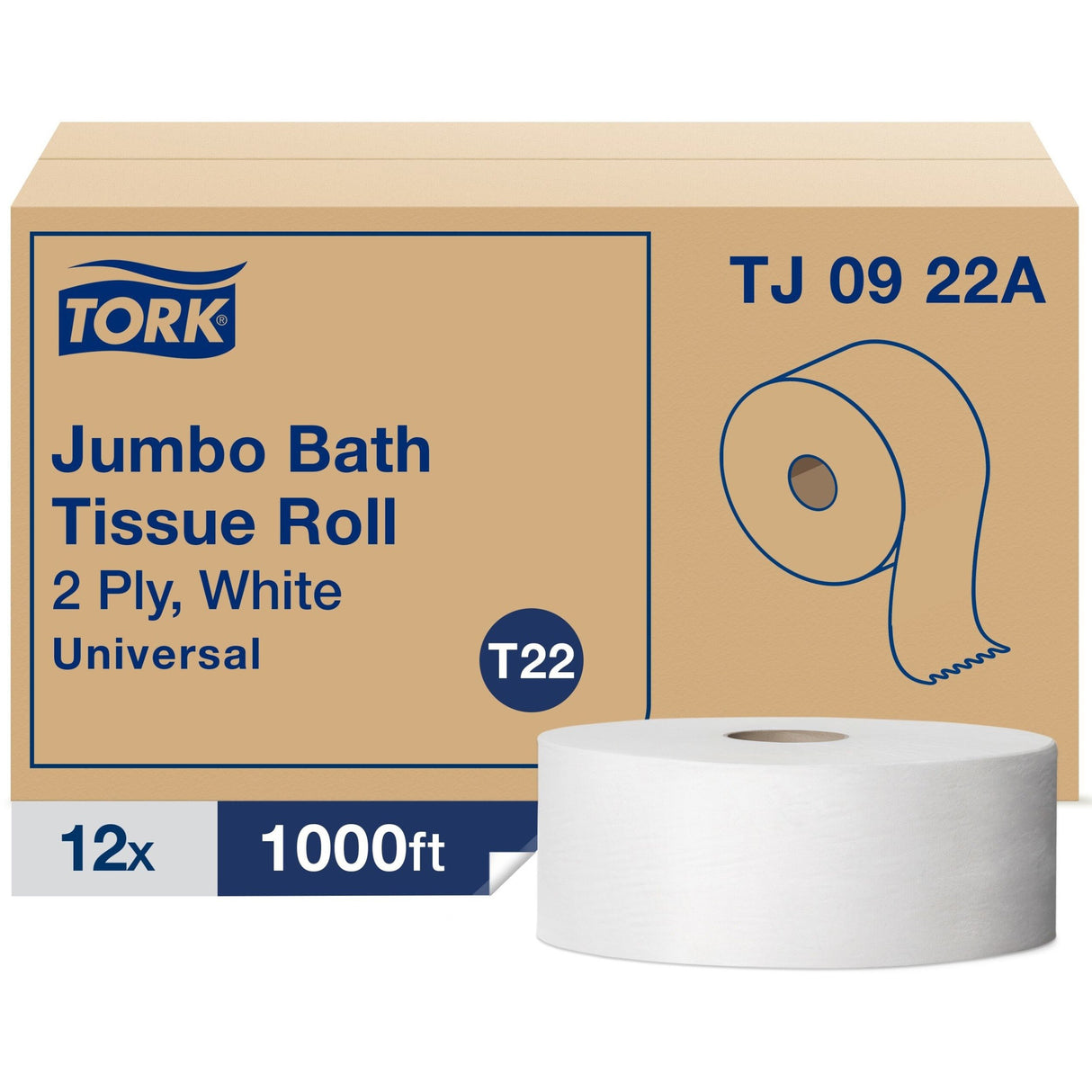TorkÂ® Jumbo Toilet Paper, 2-Ply, White, 1000-ft., 12 Rolls (TJ0922A)