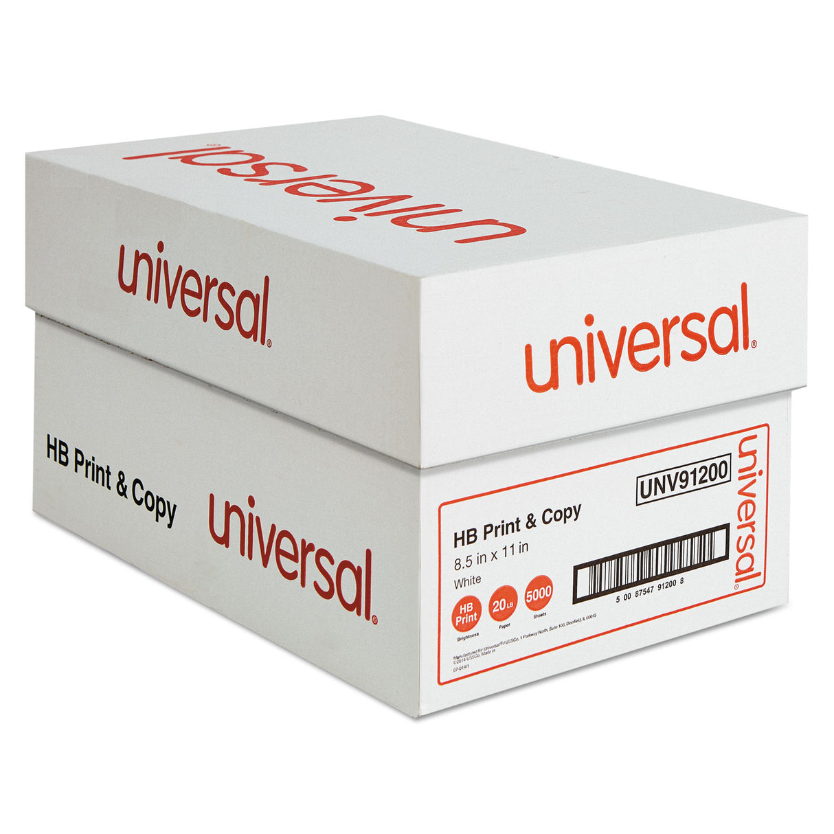 Universal High-Bright Multipurpose Paper, 20 lb Bond Weight, 8.5 x 11, White, 500 Sheets/Ream, 10 Reams/Carton (UNV91200)