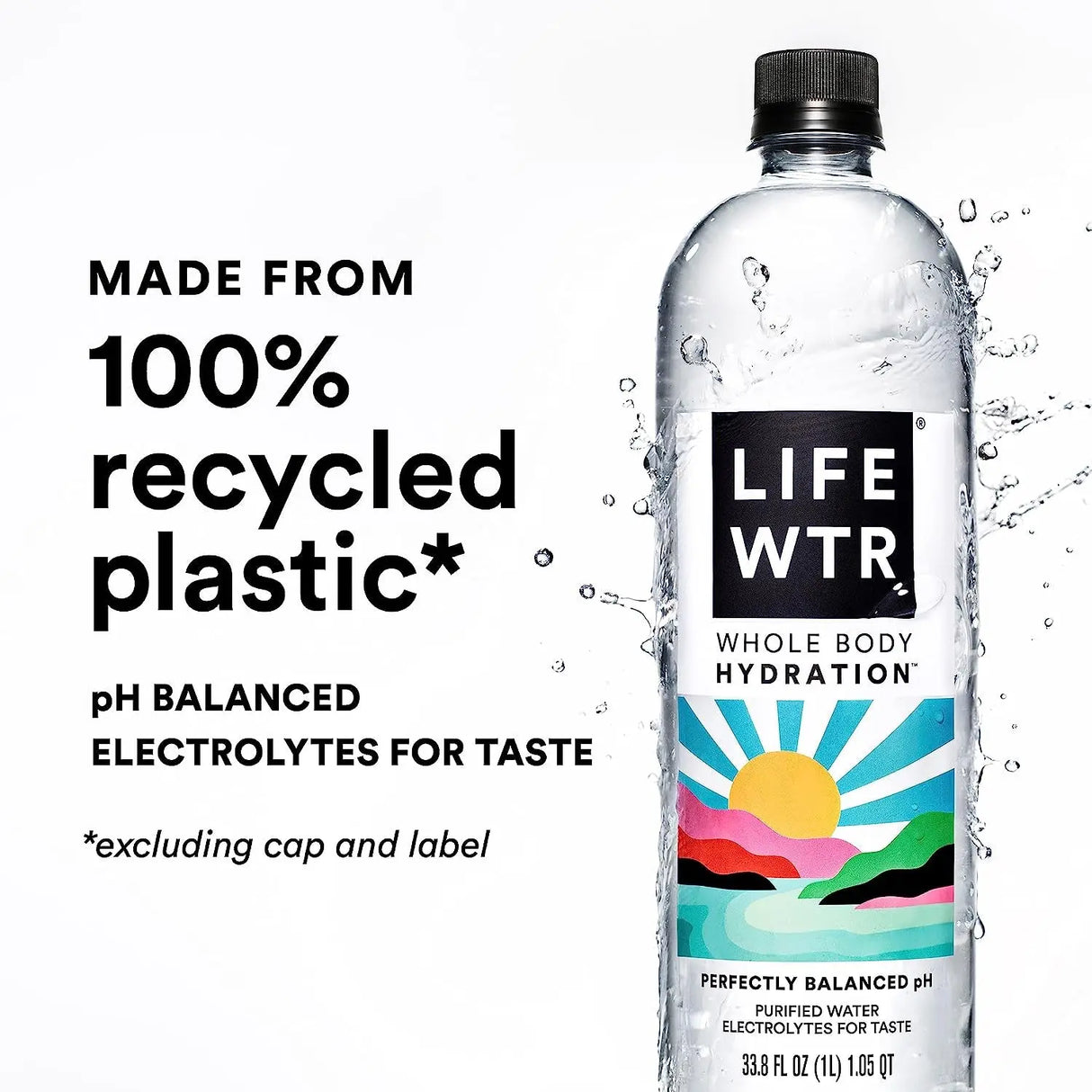 Premium Purified Water, Ph Balanced with Electrolytes, 100% Recycled Plastic Bottles, 33.8 Fl Oz, 1L (Pack of 6)